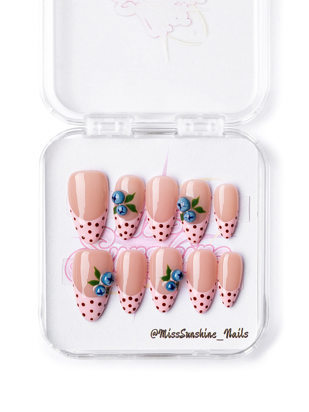 Pink blueberry press on nails with polka dot French tips
