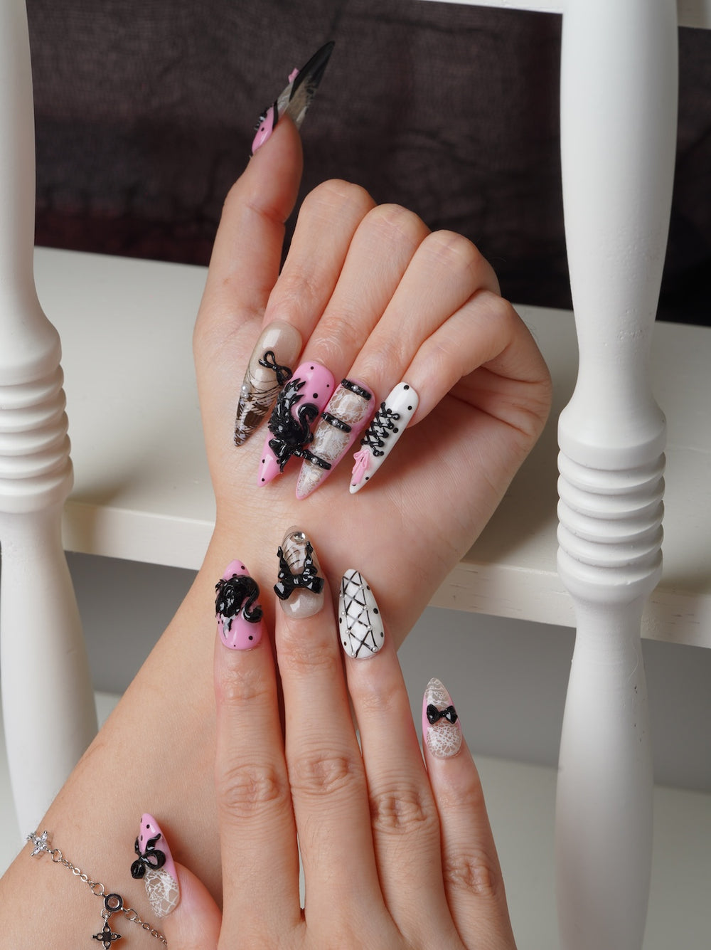 Gothic balletcore press-on nail set with bows and ribbons