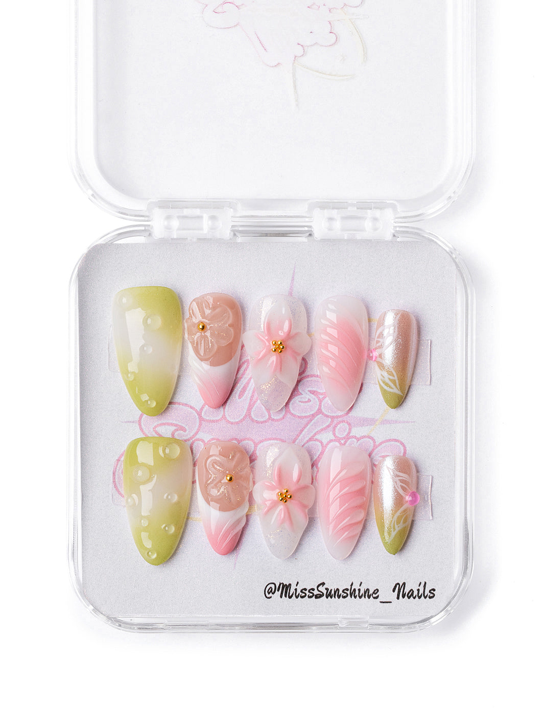 Pistachio Petal press-on nails featuring hand-sculpted 3D floral details