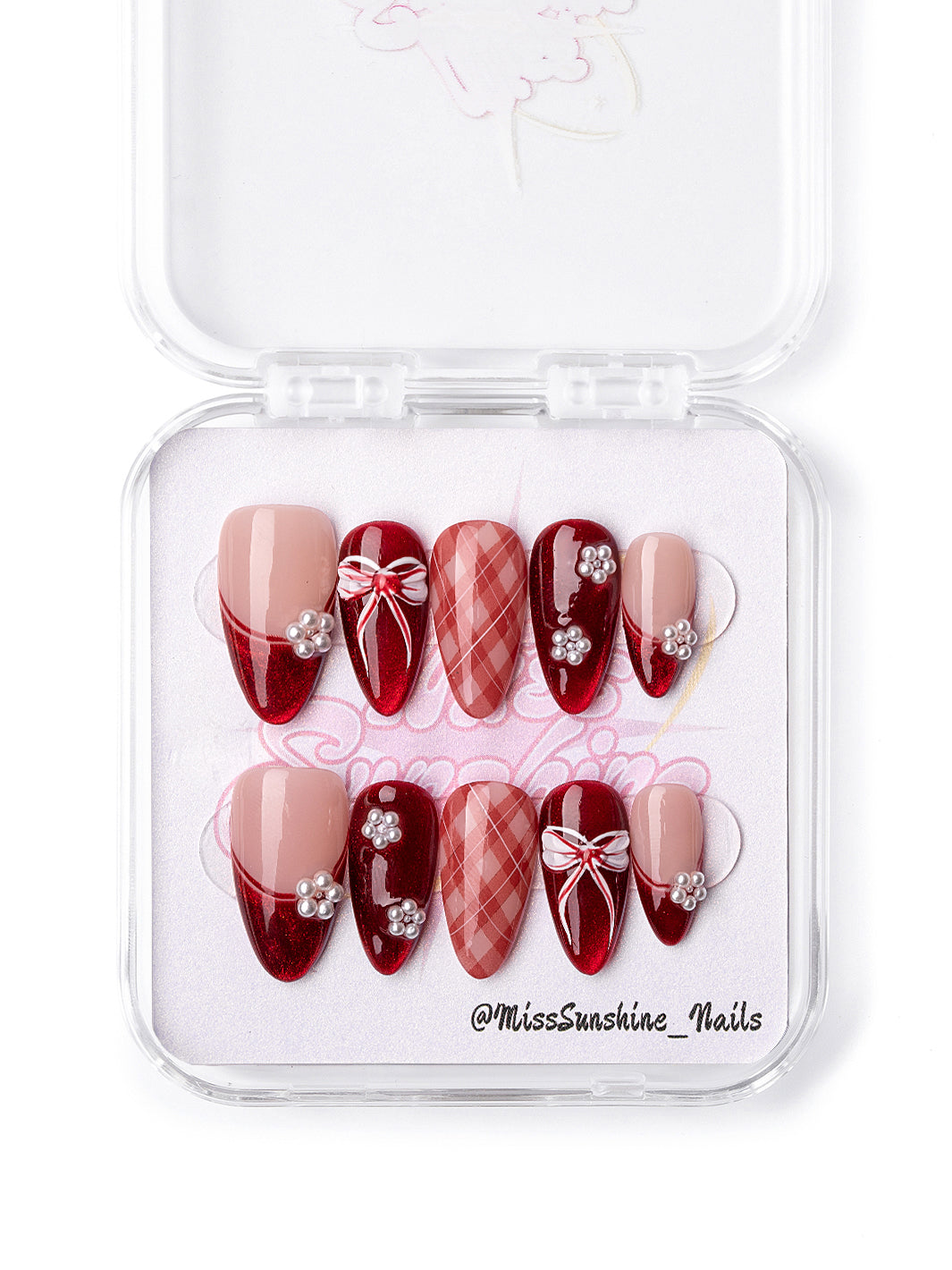 Red plaid almond press-on nails