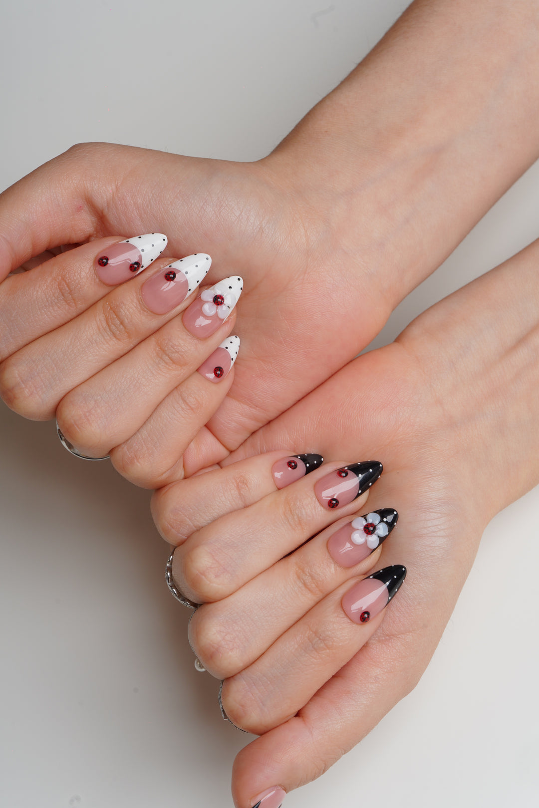 Cute 3D ladybug floral spring press on nails design