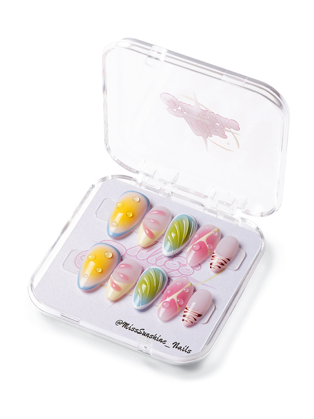 Short almond press-on nails with colorful swirls, 3D bubble details, and fruity summer colors