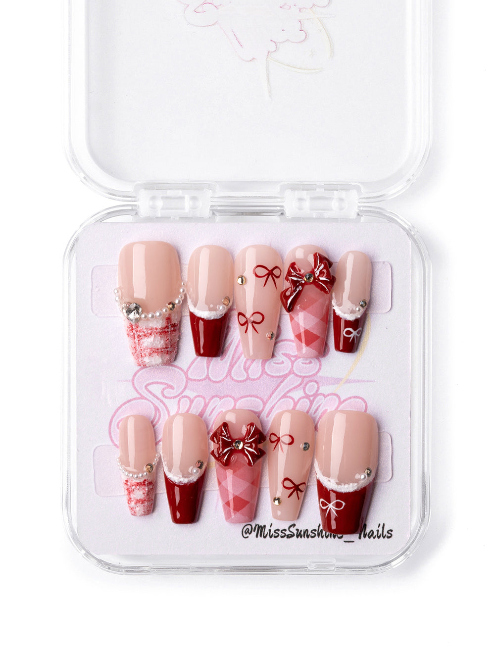 Christmas press-ons featuring glitter, trim, and ribbons