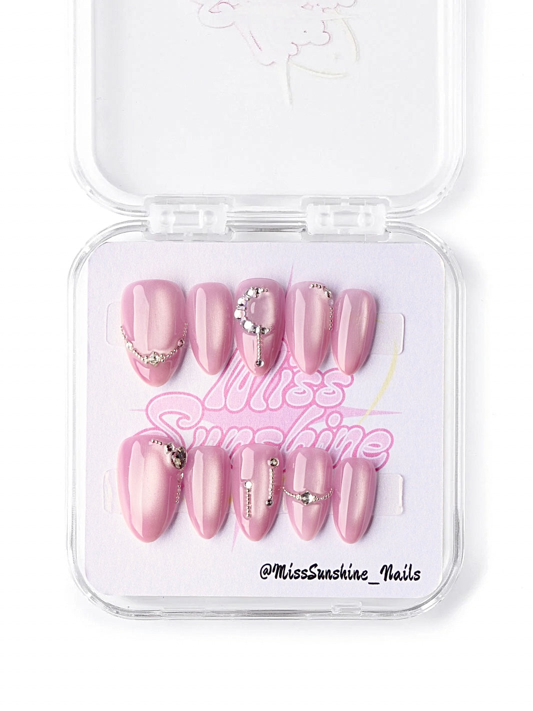 Rosé Promise cat eye prom press on nails with rhinestones