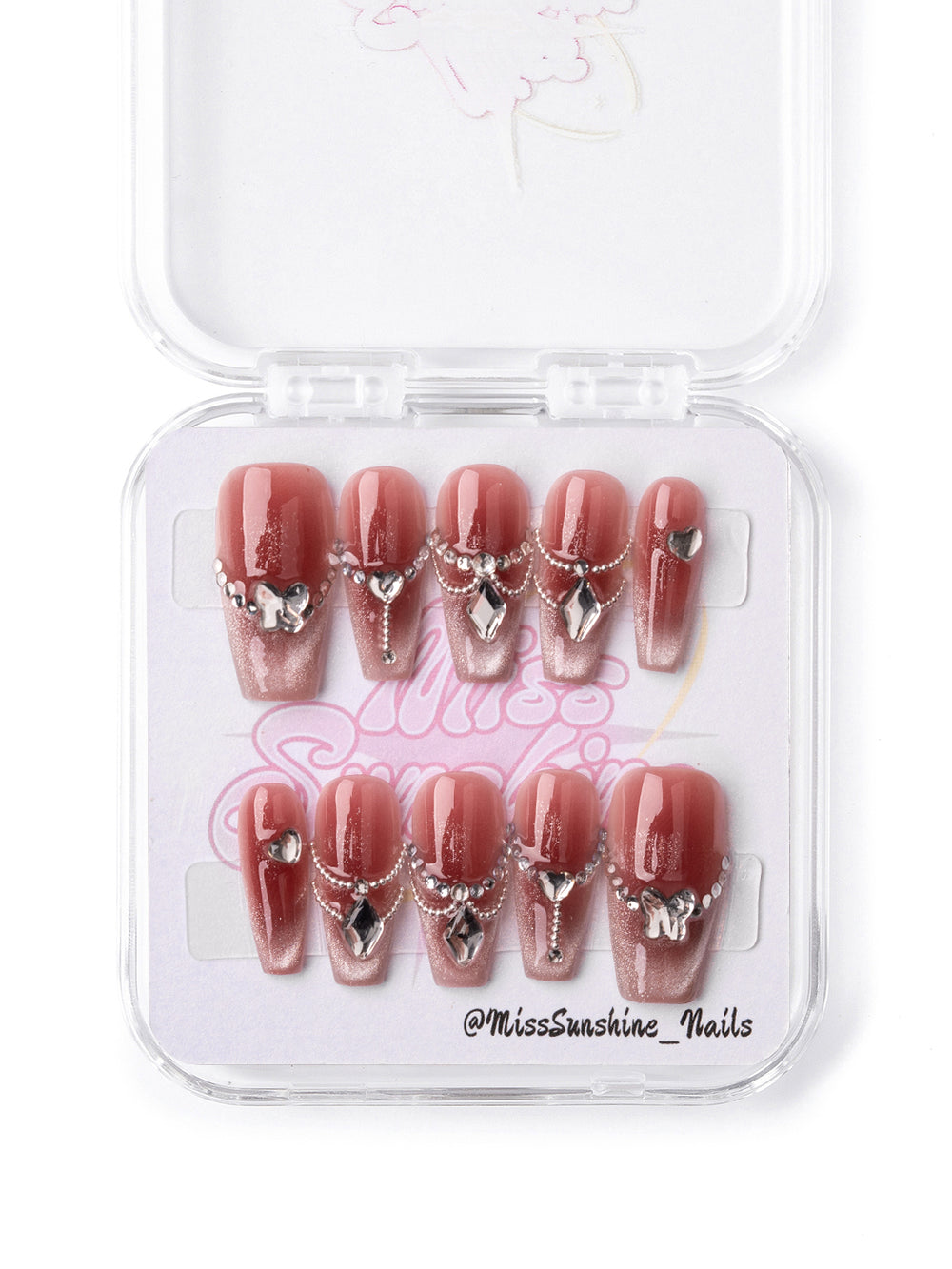 Glitter press-on nails with chain and gems