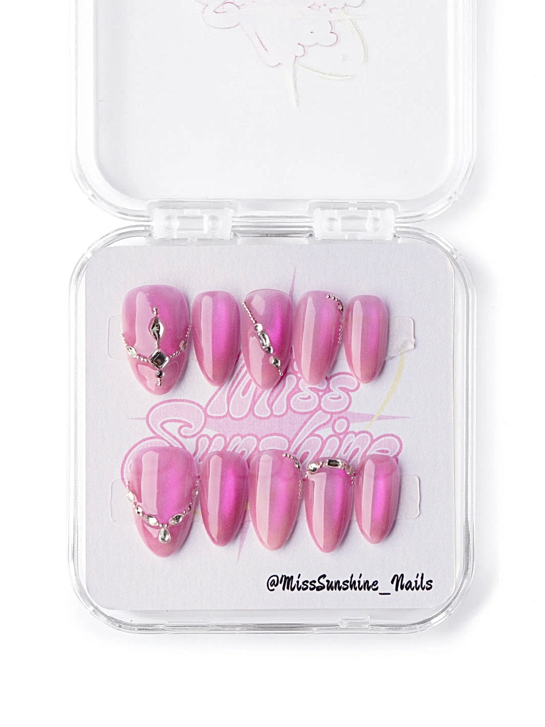 Pink cat eye prom press on nails with rhinestones