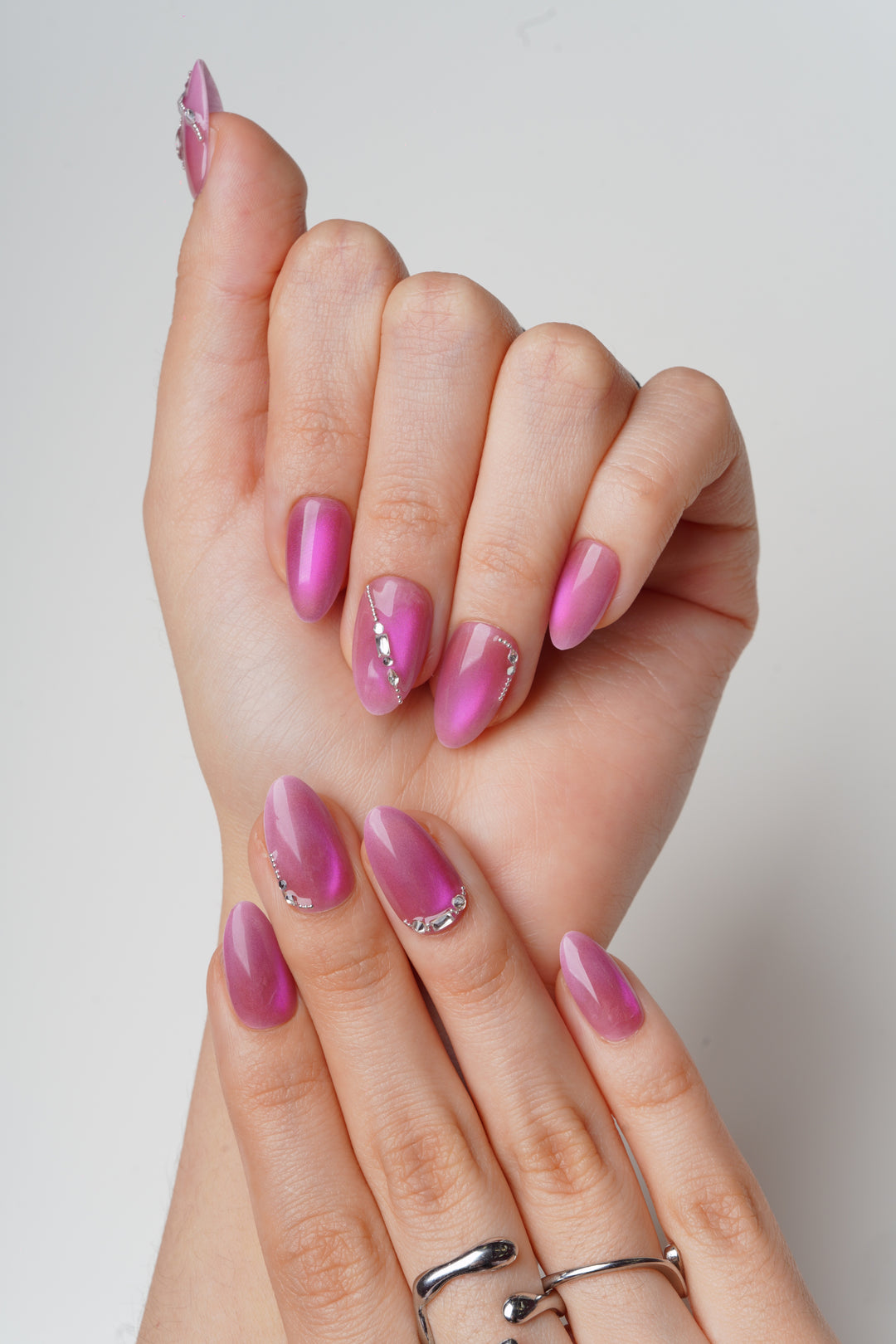 Pink rhinestone cat eye formal press on nails