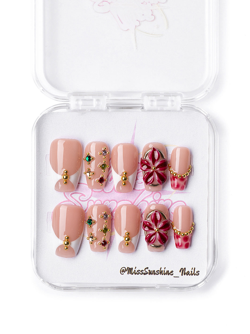 Rouge elegance press on nails with red floral and gold charm design