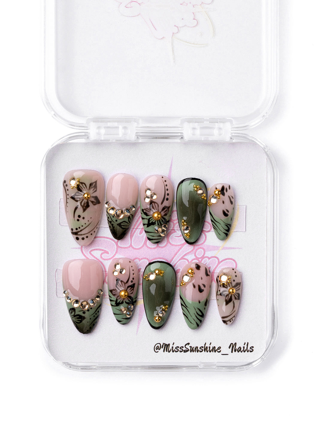 Handmade olive green floral press-on nails available in short almond and long stiletto