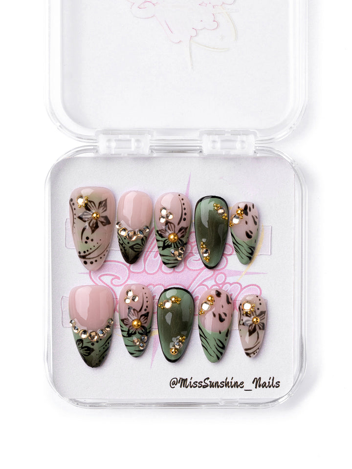 Handmade olive green floral press-on nails available in short almond and long stiletto