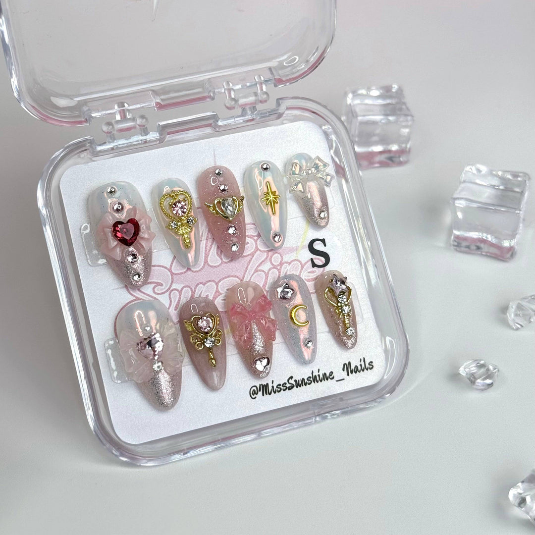 Short almond anime nails with 3D details