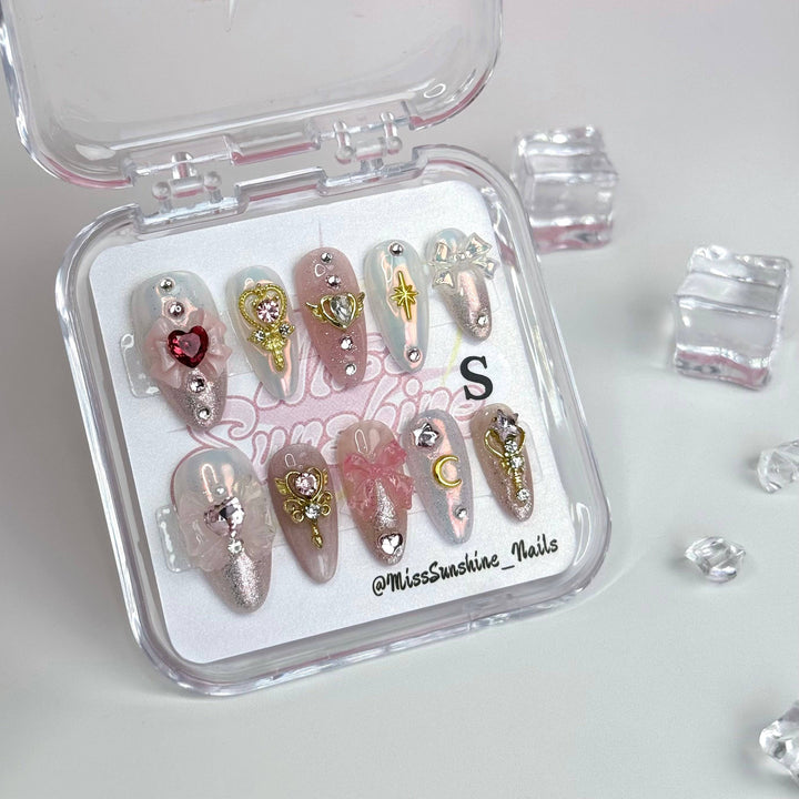 Short almond anime nails with 3D details
