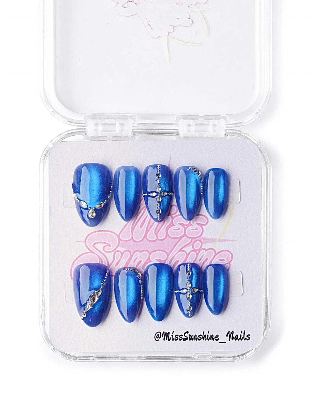 Sapphire blue cat eye prom press on nails with rhinestones