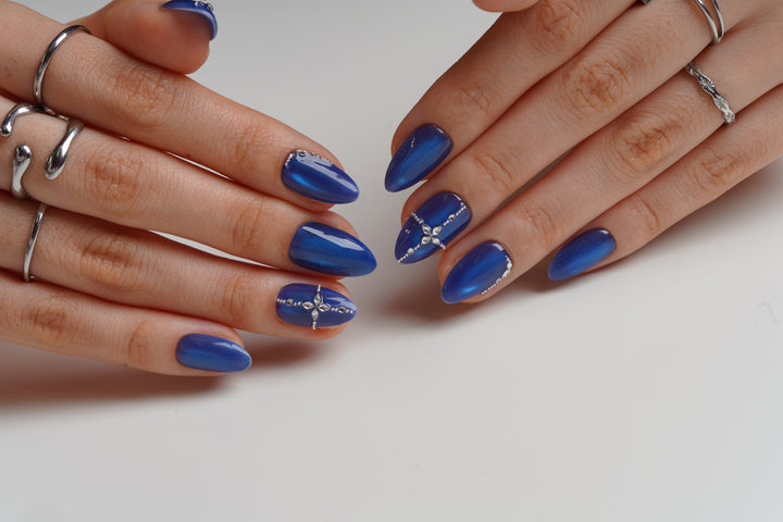 Blue rhinestone cat eye formal press on nails