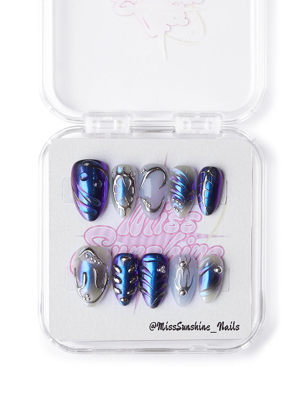Handmade extra short almond nails with sapphire and silver chrome effect
