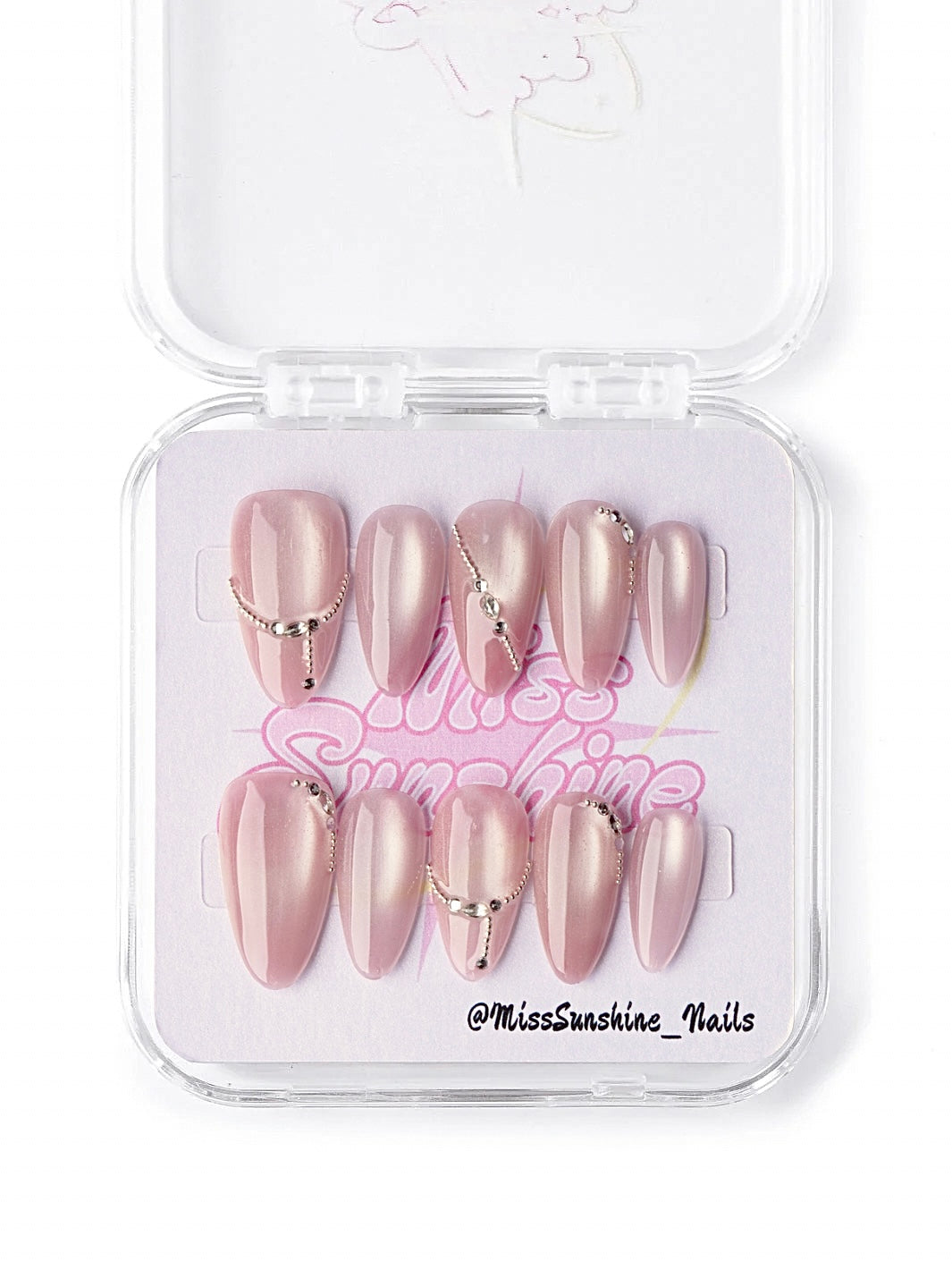 Blush pink nude cat eye prom press on nails with rhinestones