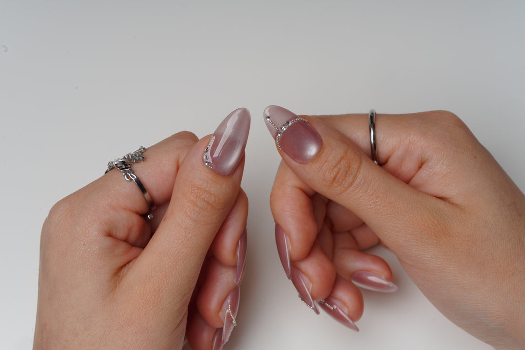 Soft nude pink rhinestone cat eye formal press on nails short almond