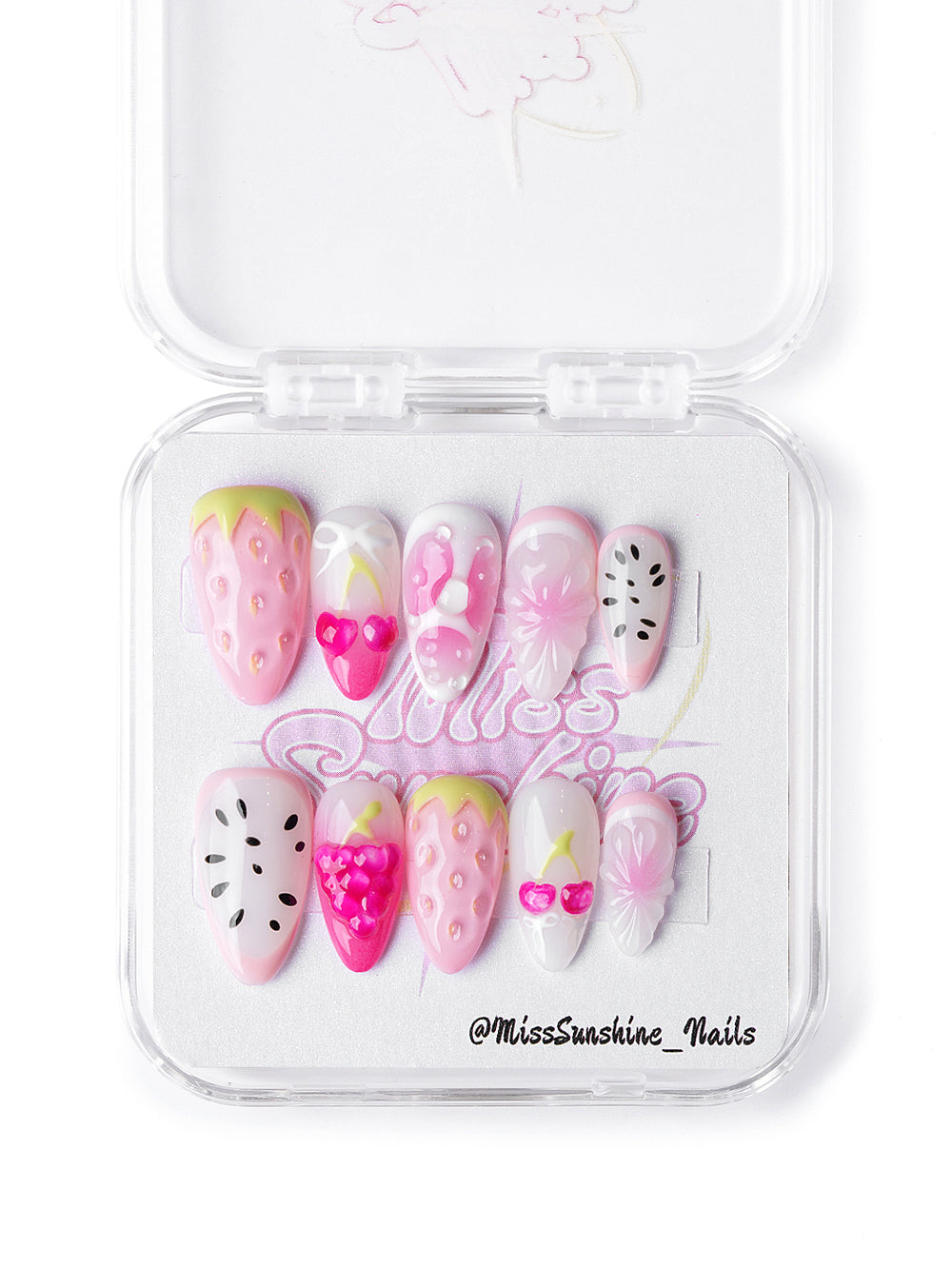 Handmade press on nails with fruity pink art and tropical summer vibes