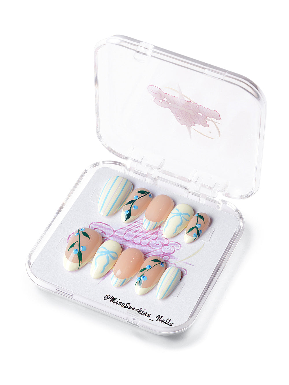 Short almond butter nails with blueberry stripes and bow