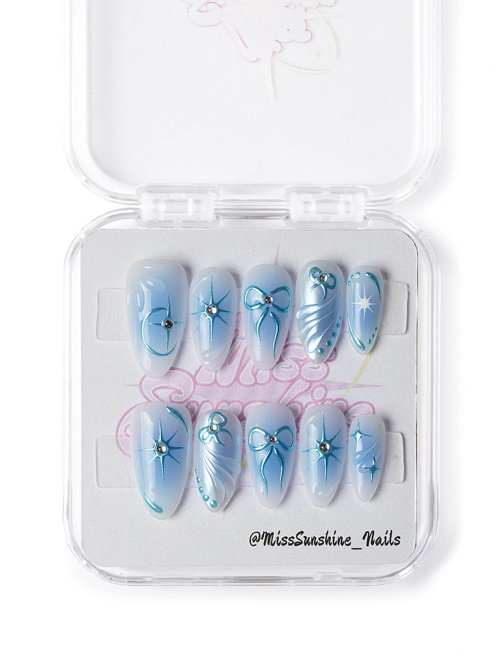 Handmade short blue press on nails with futuristic glam and 3D accents