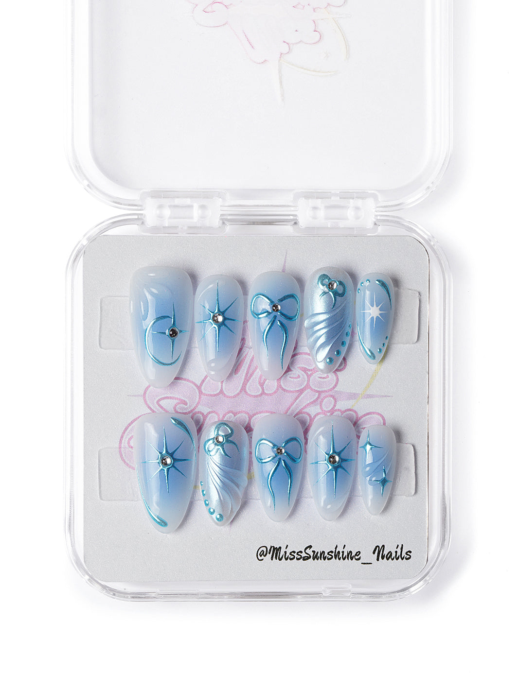 Handmade short blue press on nails with futuristic glam and 3D accents