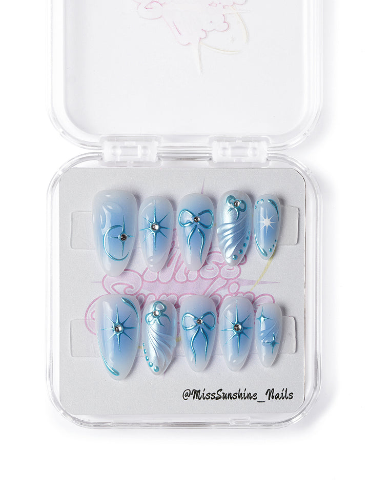 Handmade short blue press on nails with futuristic glam and 3D accents