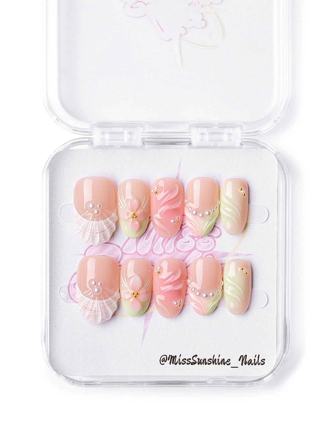 Short oval coral bloom press on nails with 3D seashell and floral design