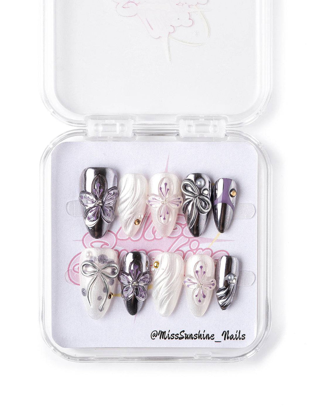 Floral Chrome futuristic flower press-on nails