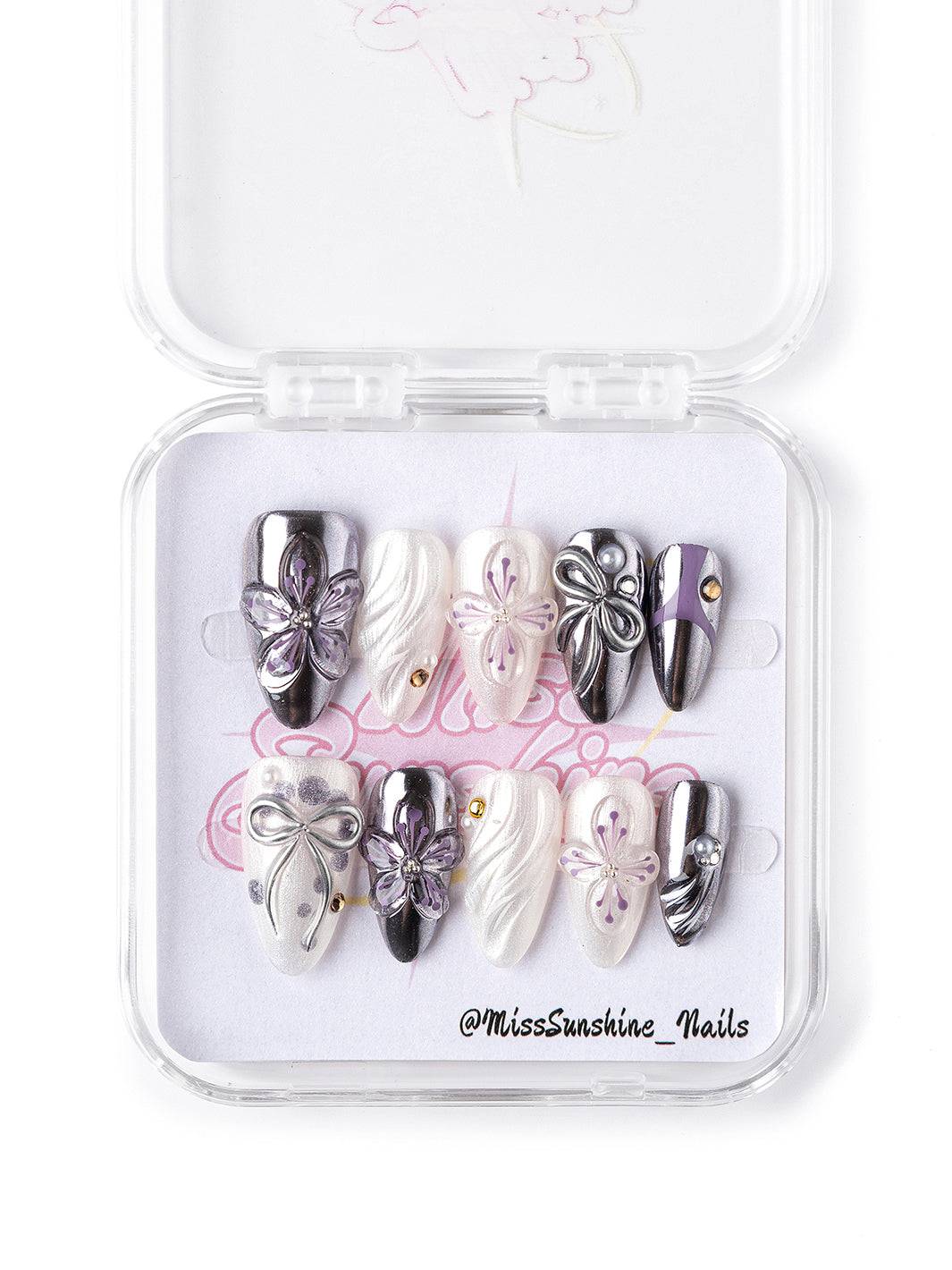 Floral Chrome futuristic flower press-on nails