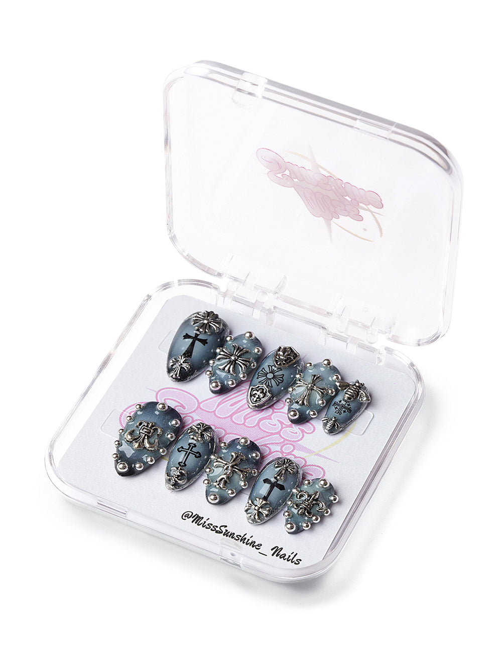 Handmade gothic nail set in smoky tones with heavy silver embellishments