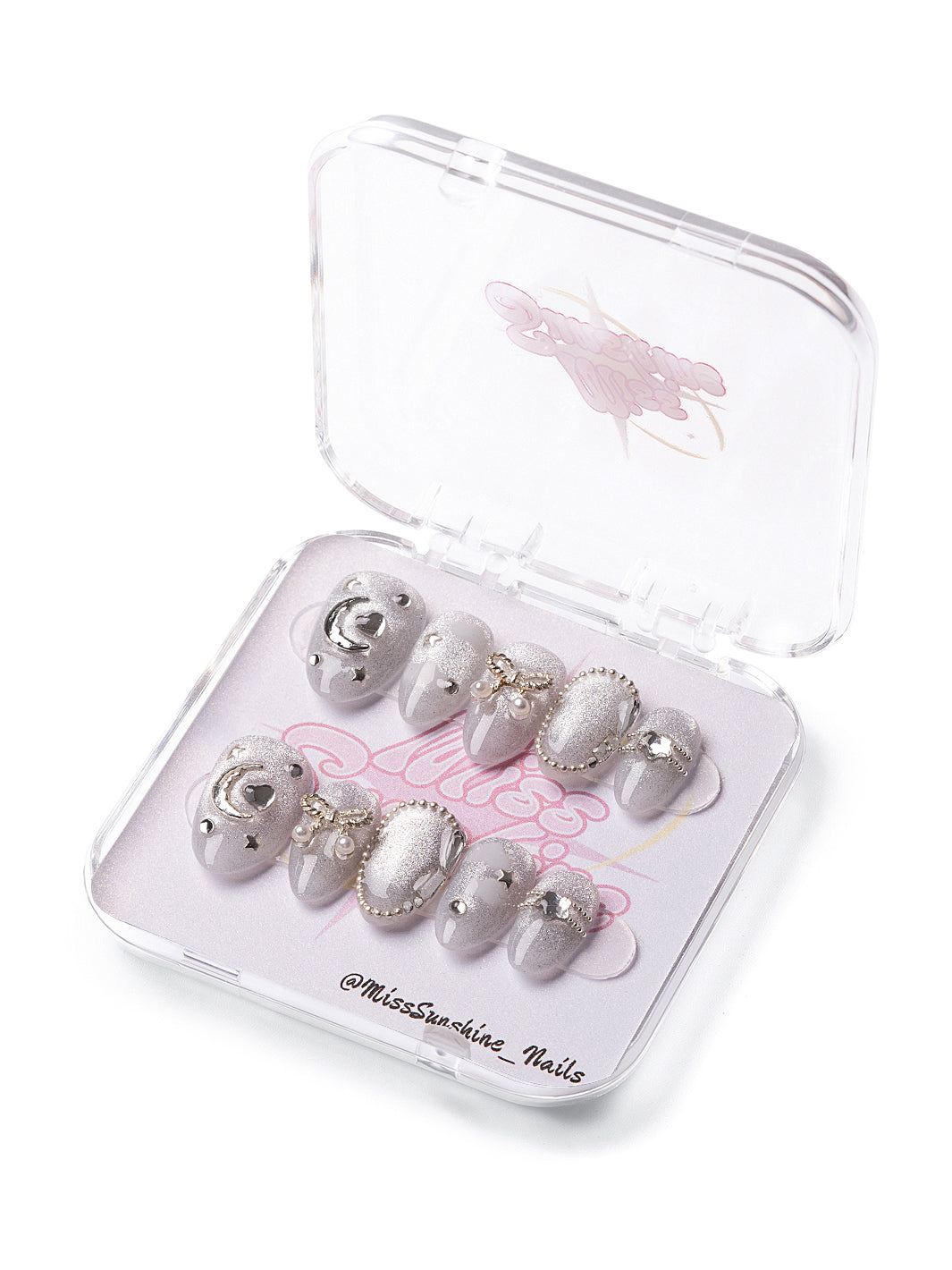 Silver nails with moon charms
