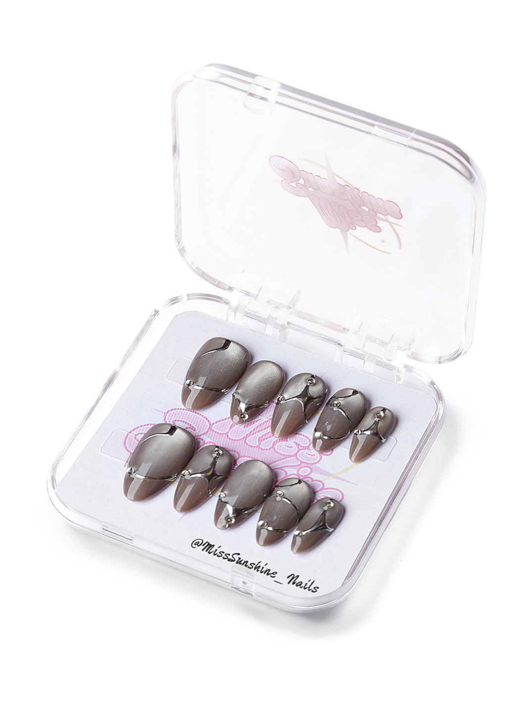 Short almond nails with metallic silver cat-eye finish and 3D chrome web lines