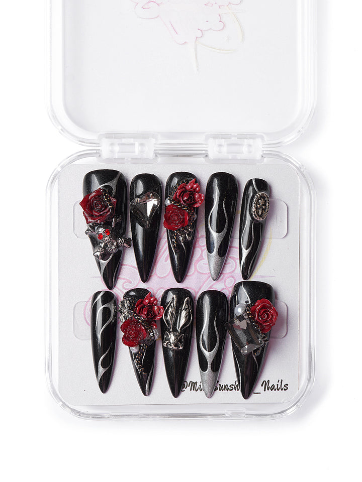 red rose edgy long stiletto nails