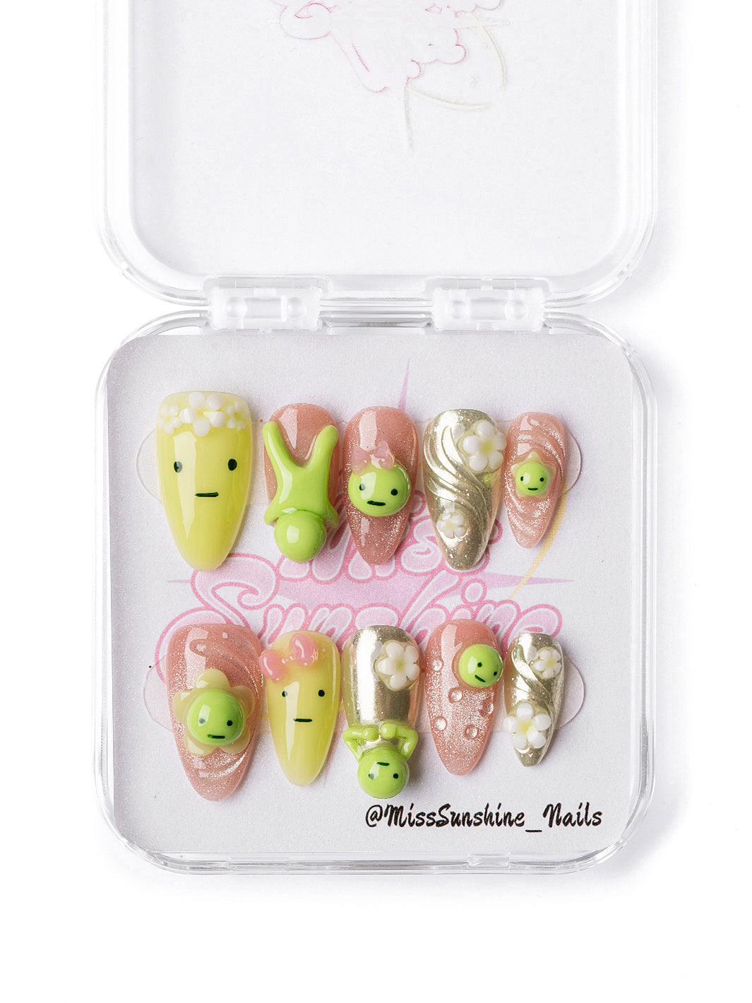 Smiski Garden inspired press-on nails with green character charms and daisy flowers