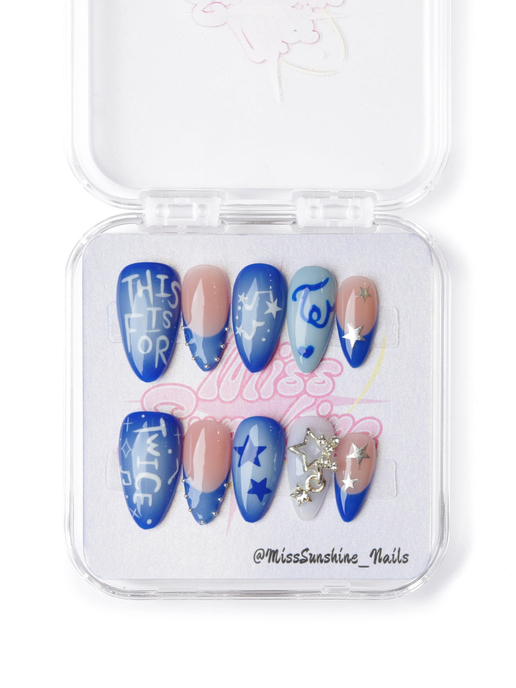 Blue star almond press-on nails with K-pop inspired lettering design