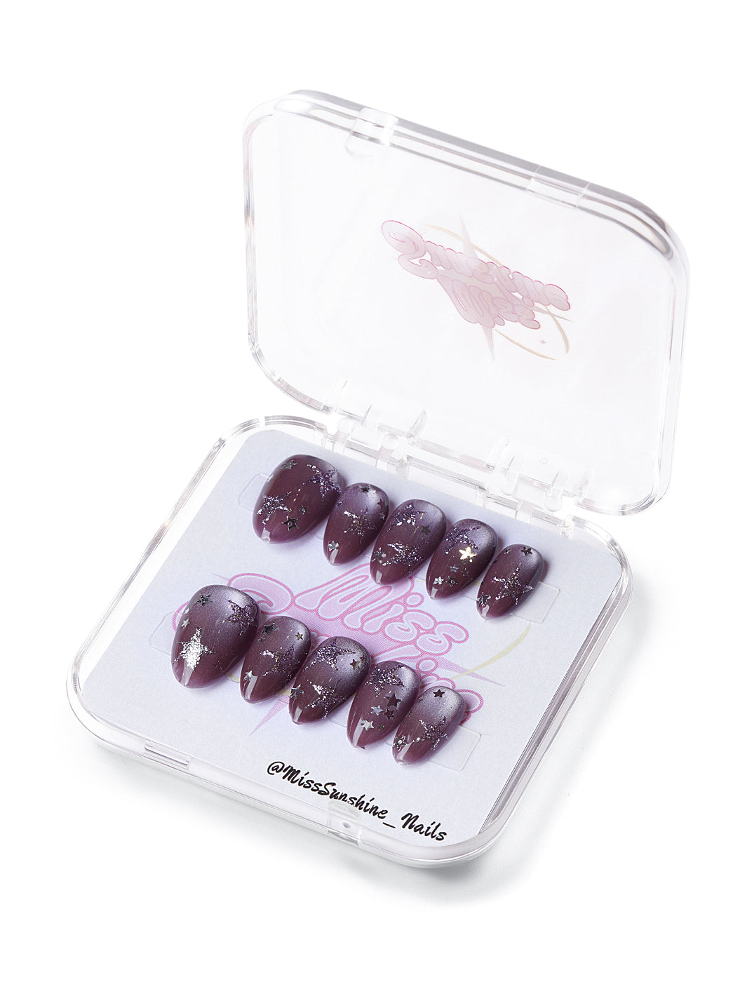 Extra short almond nails in purple with silver stars and foil