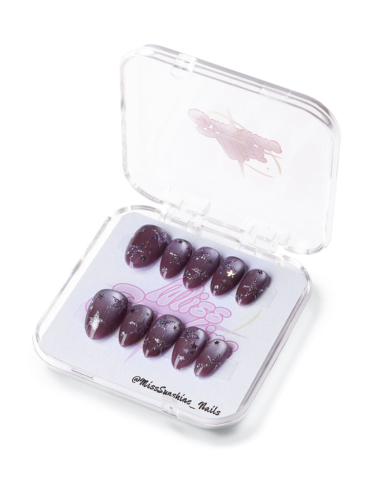 Extra short almond nails in purple with silver stars and foil