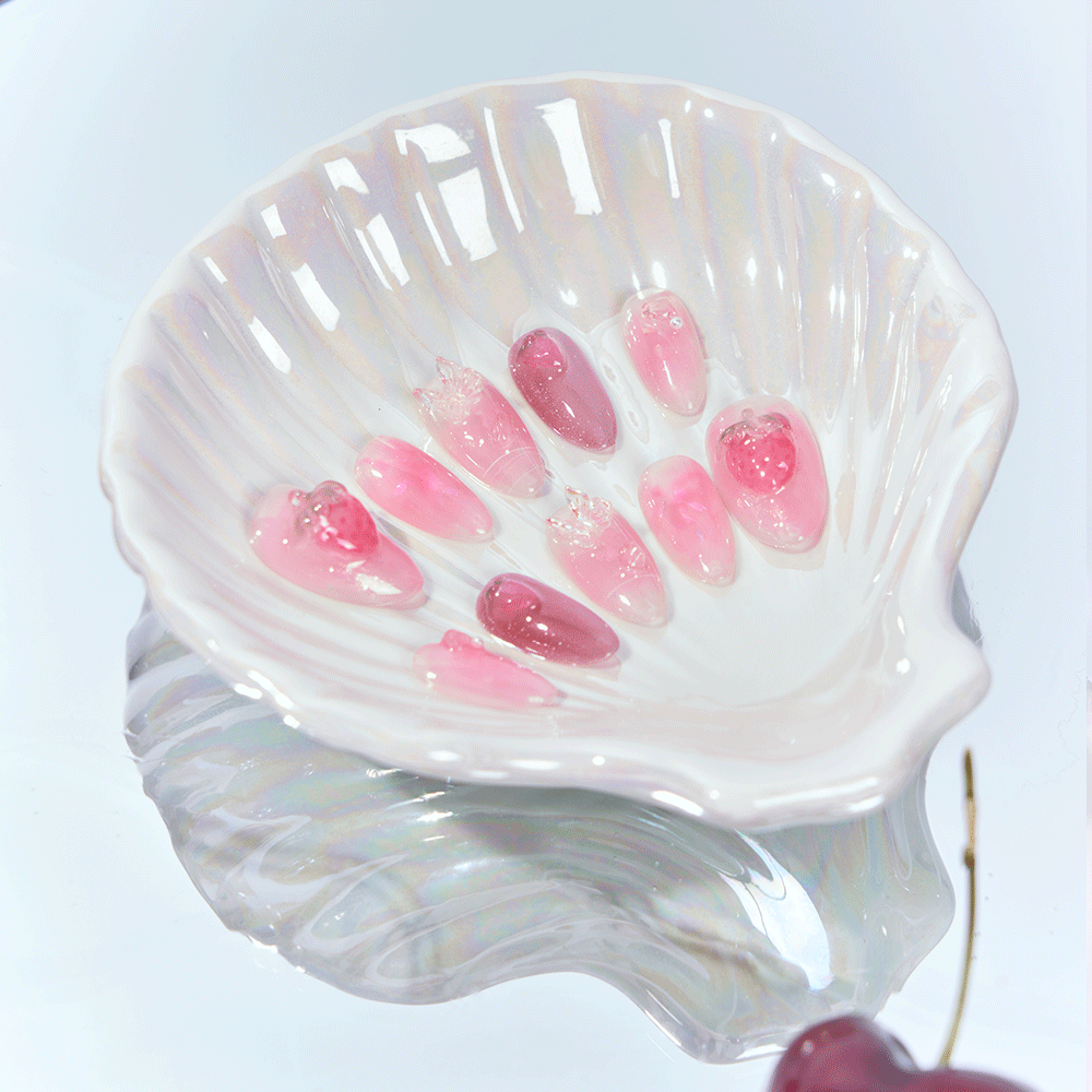 Glossy pink jelly almond nails