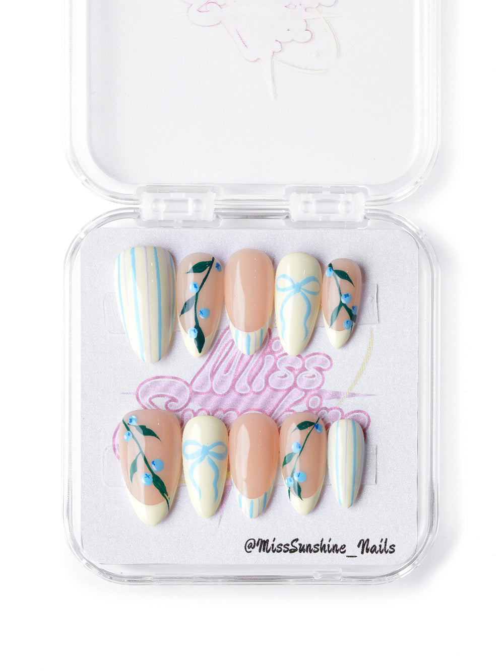 spring short almond nails with vintage bluebell patterns and creamy yellow