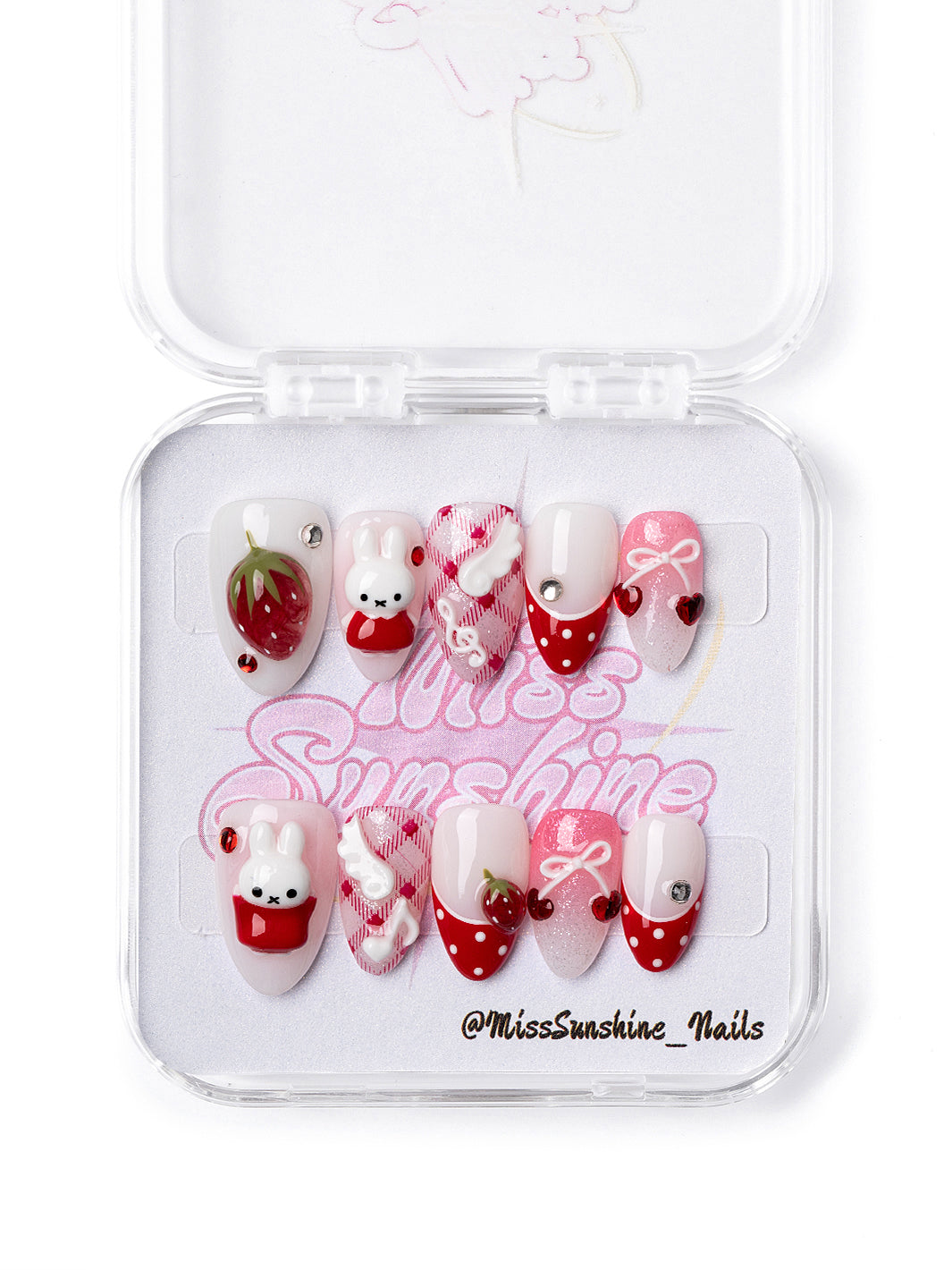 Summer Bunny extra short almond press-on nails with strawberries and bunny art