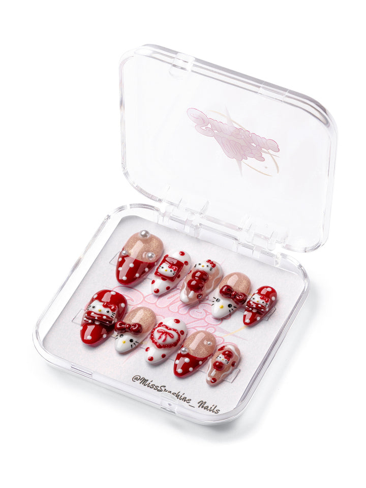 Sweet Lucky Kitty limited edition short almond Lunar New Year press-on nails with lucky cat and tanghulu details