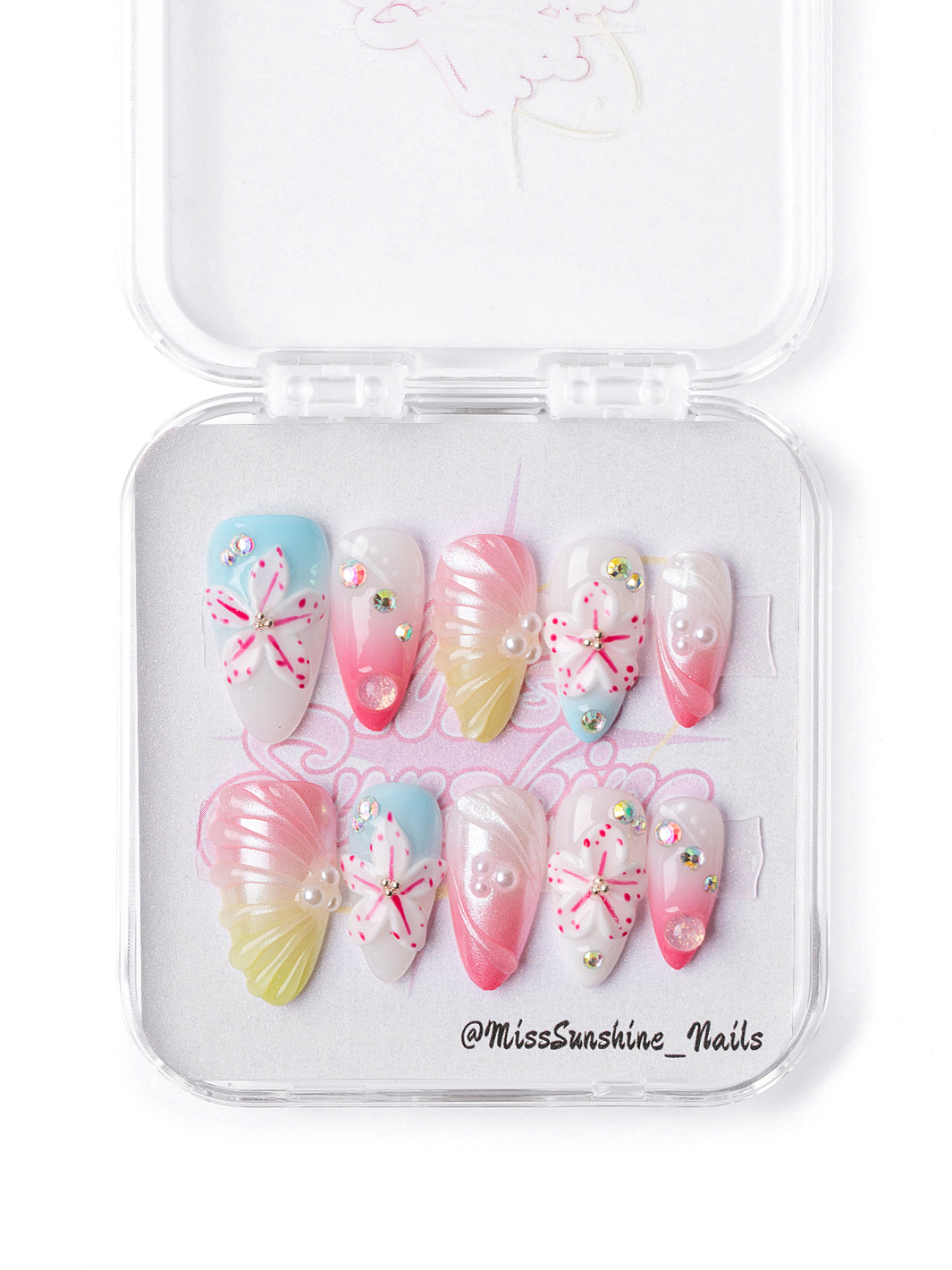 Tropical Daydream press-on nails with 3D sculpted flowers and pastel ombre