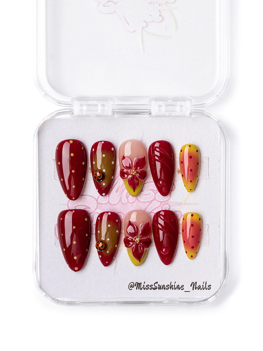 Tropical Punch short almond press-on nails featuring tropical flowers and vibrant summer colors