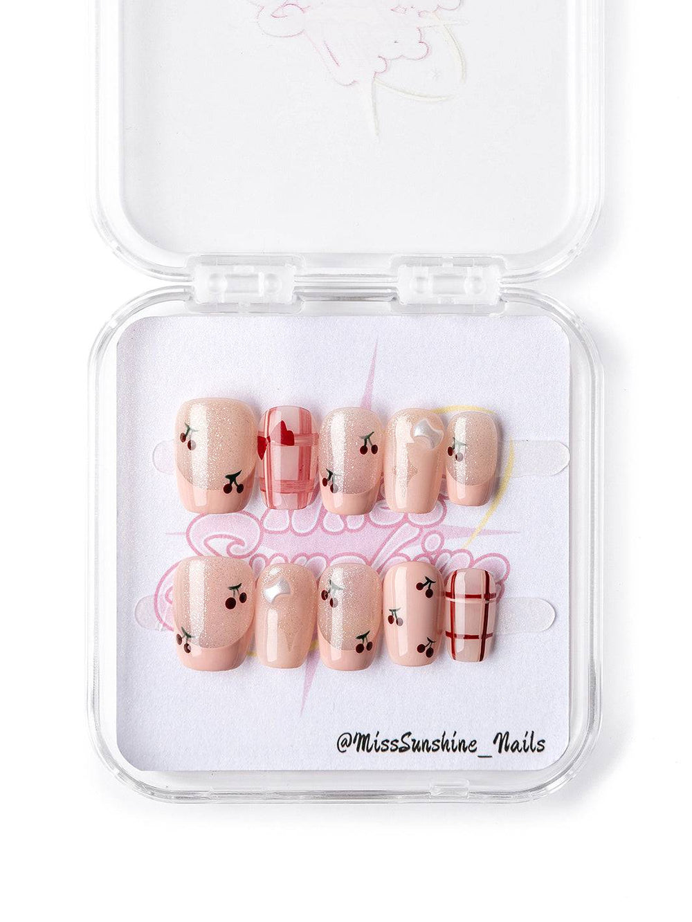Cute cherry art press-on nails with nude base