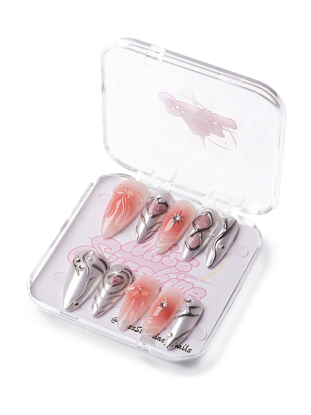 Chrome stiletto nails with bows