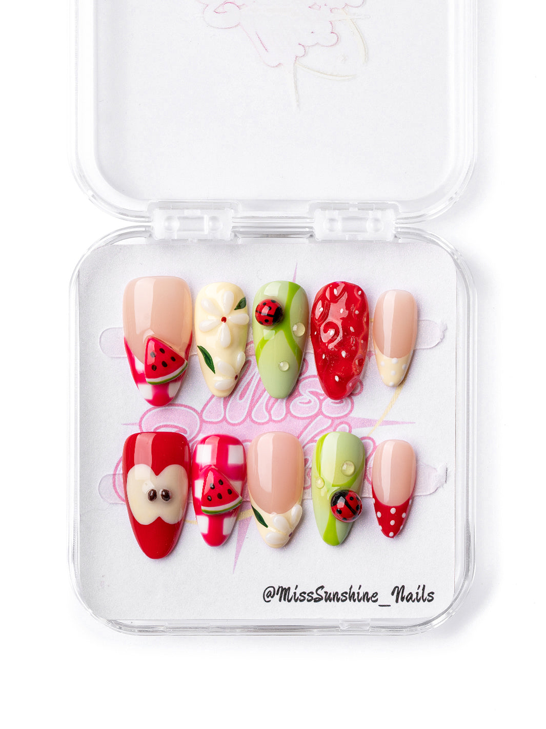 Watermelon Summer press-on nails featuring 3D watermelon slice and fruit charm details