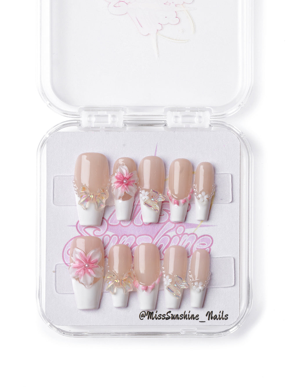 Handmade wedding nail set with butterfly and pearl accents