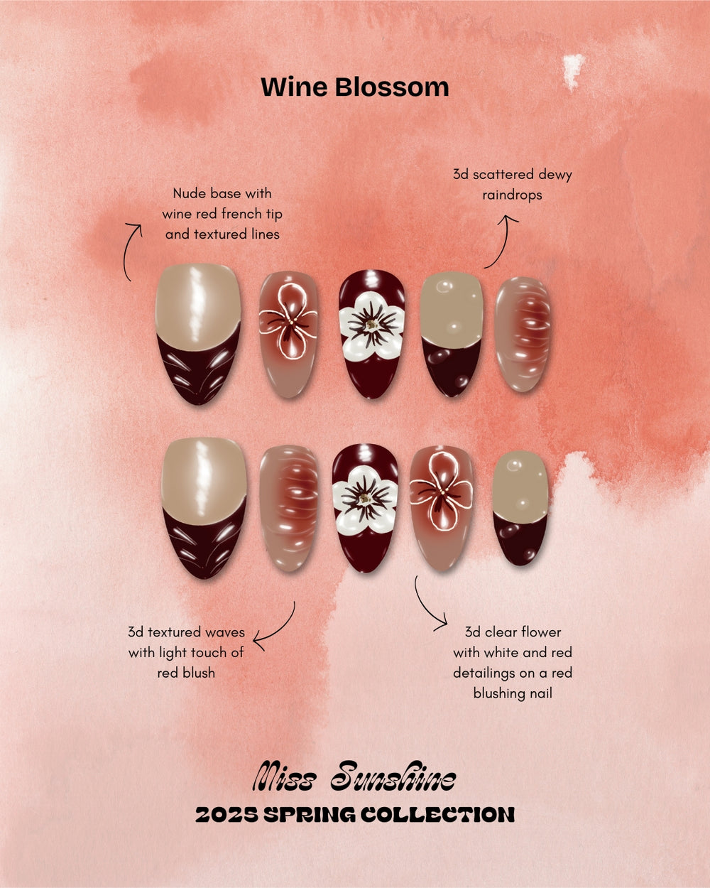Wine red gradient almond nails