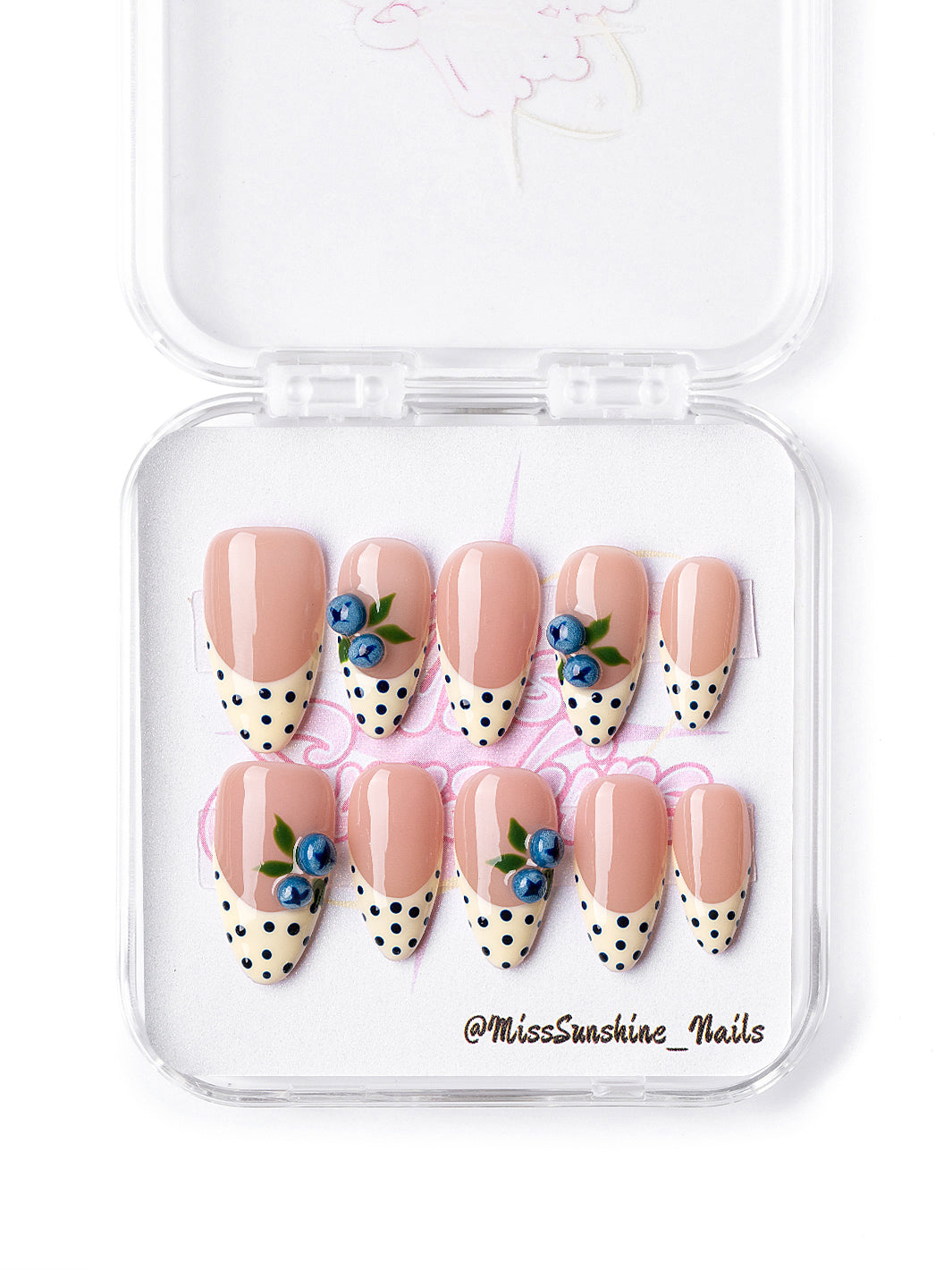 Yellow blueberry press on nails with polka dot French tips