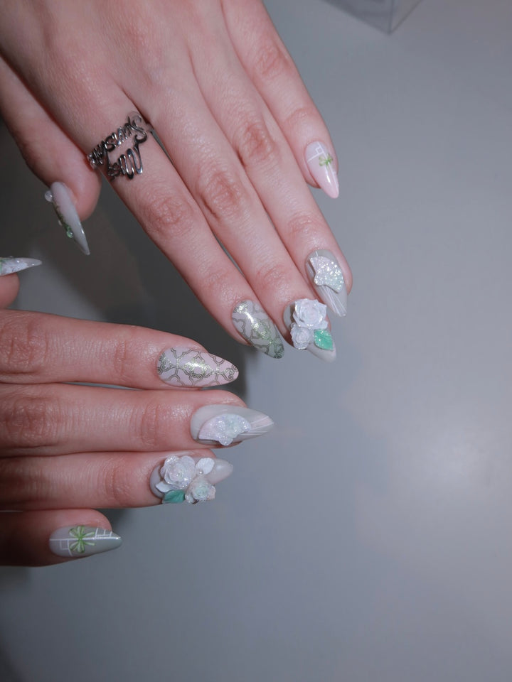 Nature inspired floral almond nails